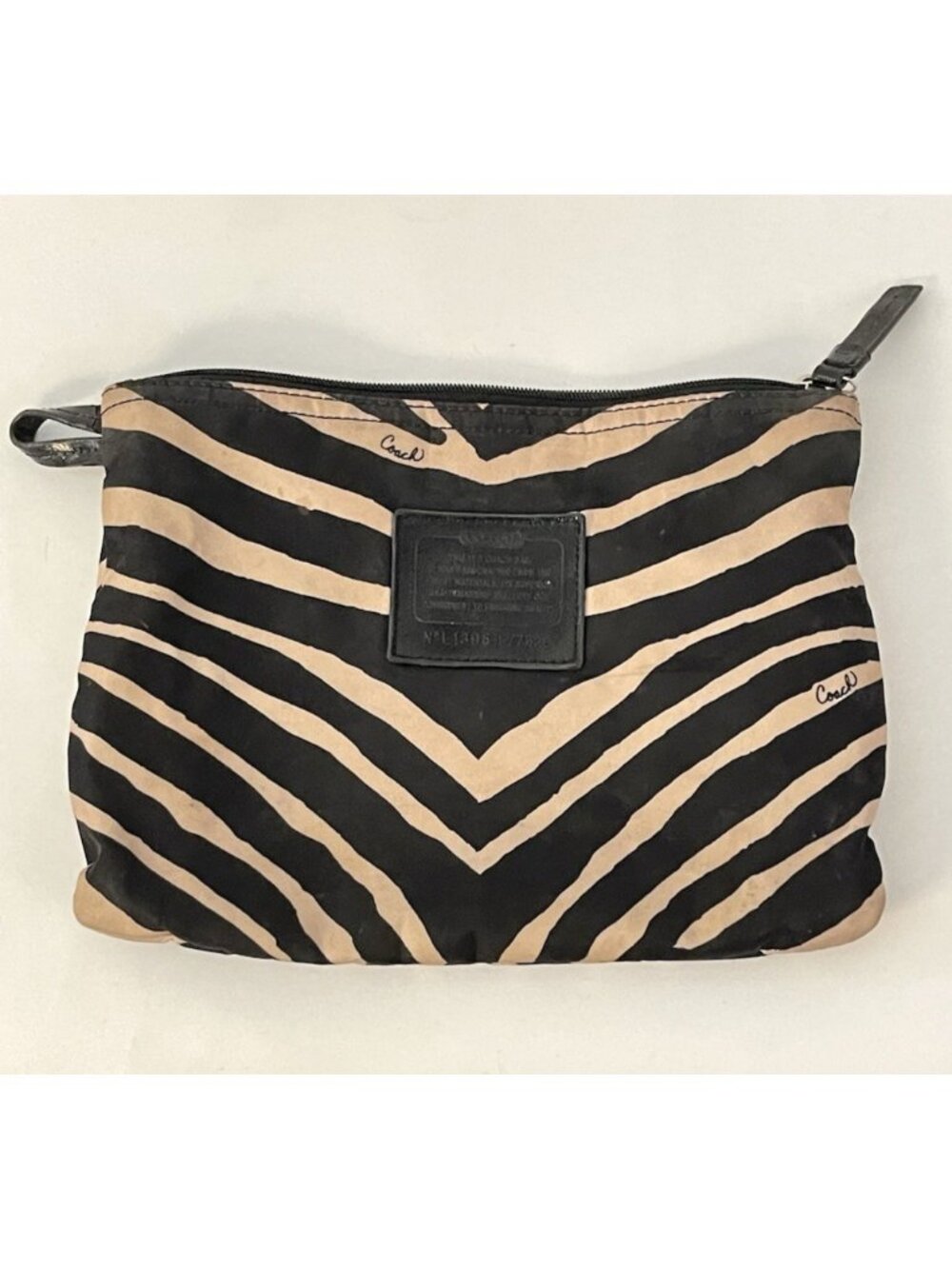 Coach Zebra Print Cosmetic Pouch Clutch Black Tan Nylon Zip Bag 10"x7.5" Bag